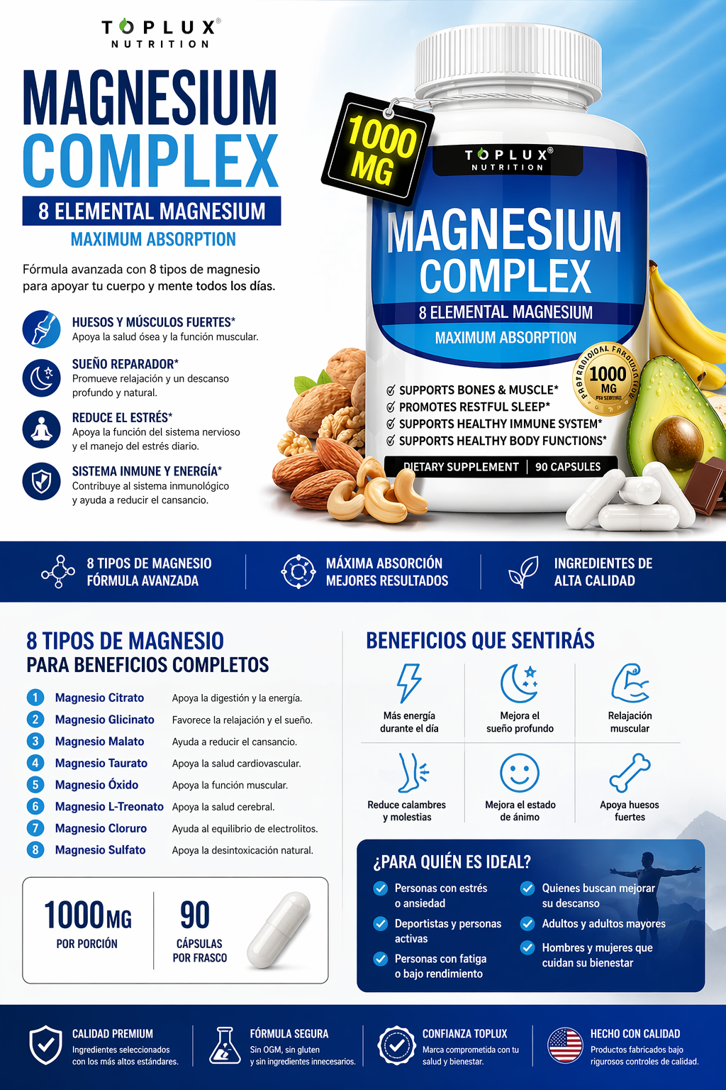 ¿Estrés, Mal Sueño, Calambres o Cansancio?  Magnesio 8 en 1: Un Solo Suplemento Para Todo ✅